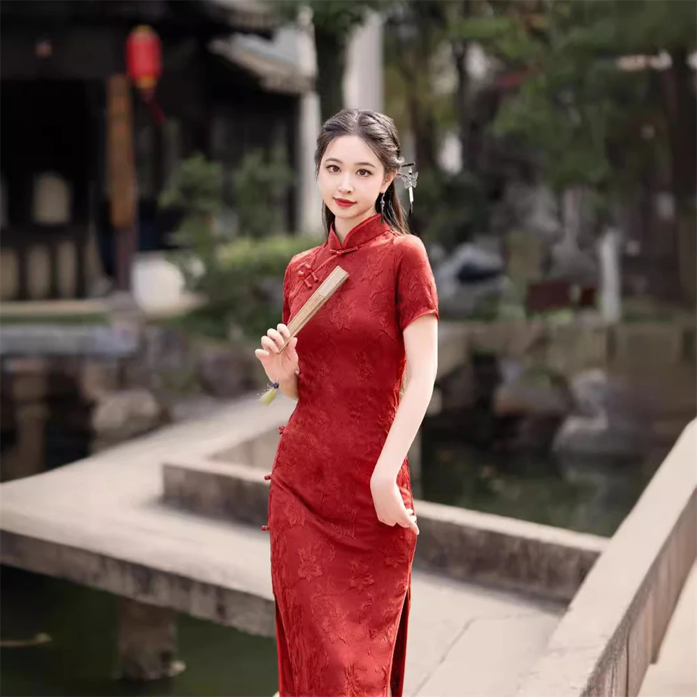 

Women Red Cheongsam 2024 Spring Summer New Bride Toast Dress Chinese Traditional Engagement Vintage Improved Qipao Robe Chinoise