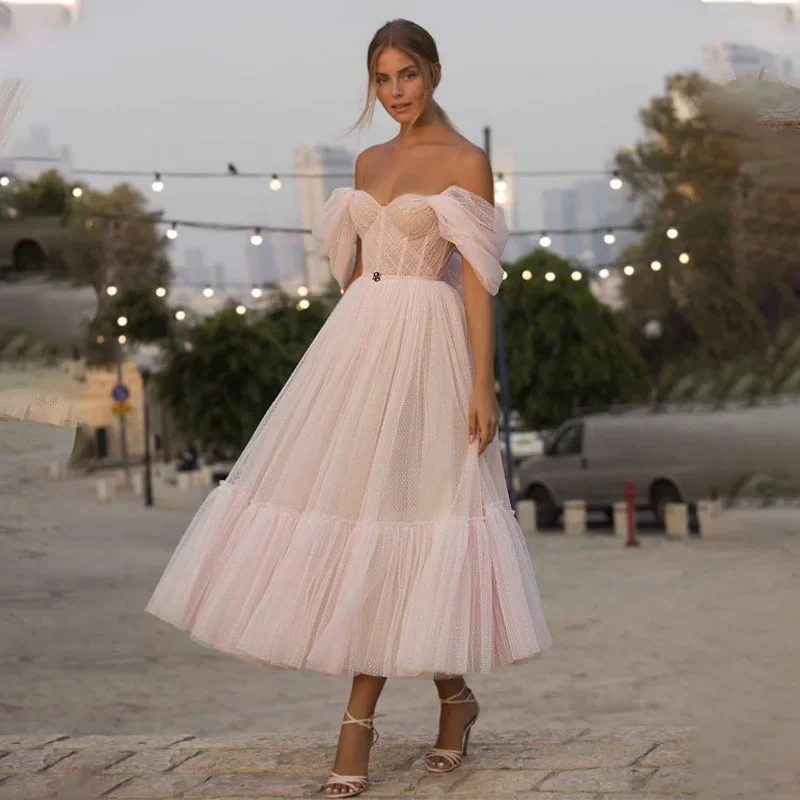 

Dusty Pink Prom Dresses 2024 A Line Sweetheart Off Shoulder Short Sleeves Ankle Length Tulle Elegant Short Wedding Party Dresses