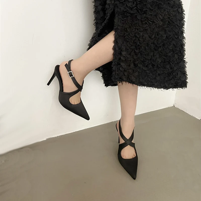 

7cm or 9cm High Heels Women Pointed Toe Slingback Shoes Black Ladies Pumps Summer Heels Sexy Cross Buckle Stiletto Zapatos