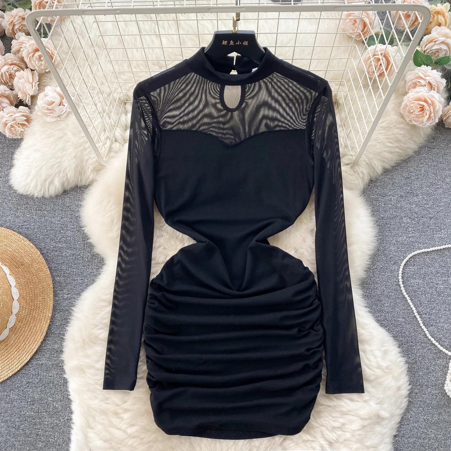 

Foamlina Black Dress Women Fashion Spring Autumn Sexy See Through Mesh Long Sleeve Stand Collar Slim Bodycon Ruched Club Outfits