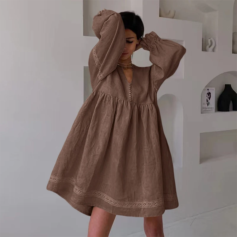 Elegant Patchwork Lace Big Hem Mini Dress Women V Neck Princess Long Sleeve Short Dress Commute Cotton Linen French Dresses
Elegant Patchwork Lace Big Hem Mini Dress Women V Neck Princess Long Sleeve Short Dress Commute Cotton Linen French Dresses
