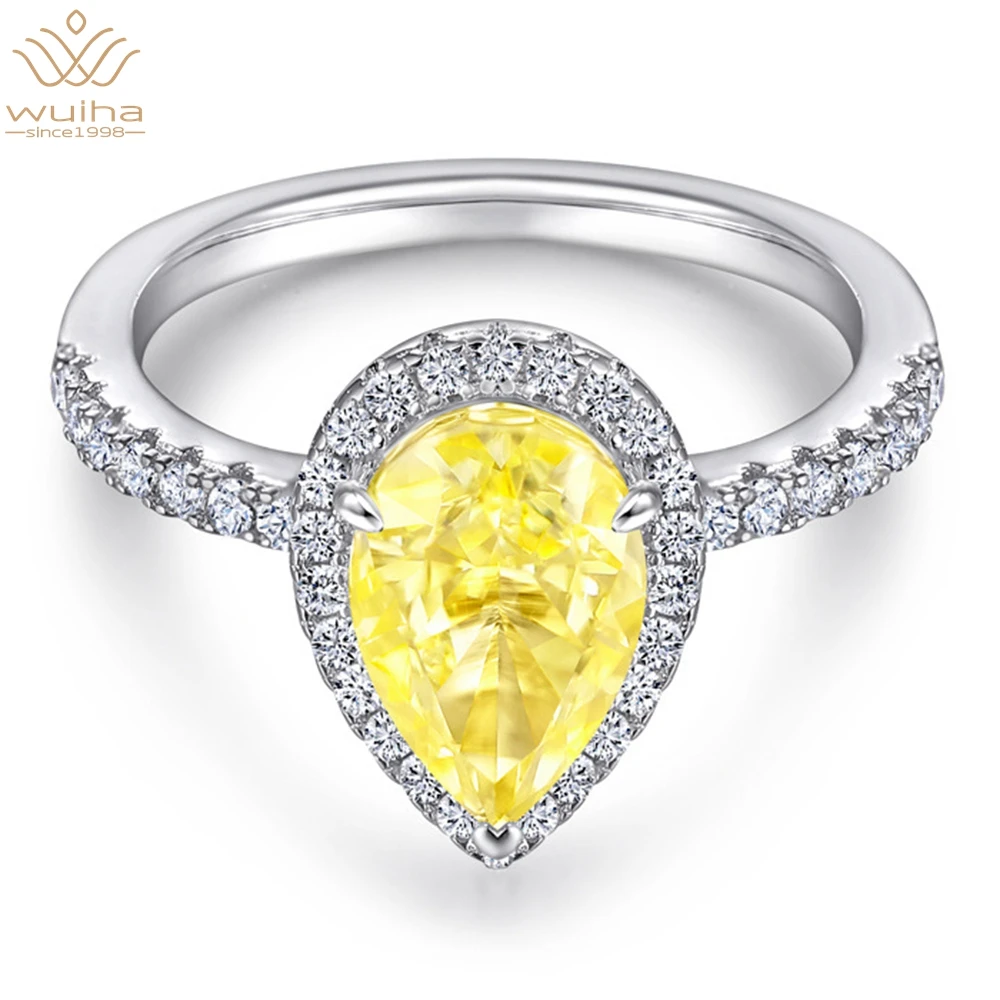 

WUIHA Luxury Solid 925 Sterling Silver Pear Cut Yellow Sapphire Created Moissanite Gemstone Wedding Cocktail Ring for Women Gift