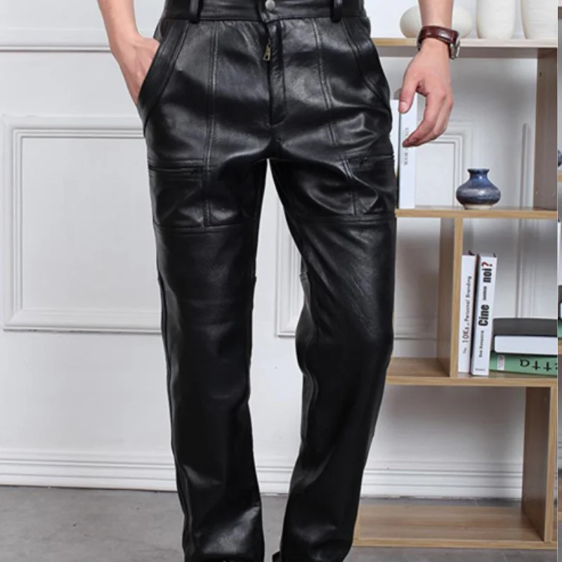 

Leather Pants Men's Autumn And Winter Large Size Thickening Motorcycle Cowskin Loose Windproof Genuine Trousers