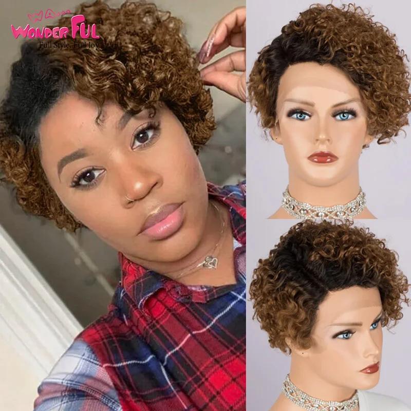 

Short Bob Wig Pixie Cut Curly Human Hair Ombre Brown Curly Wigs For Women 13x1 Lace Front C part Transparent Deep Wave Lace Wig