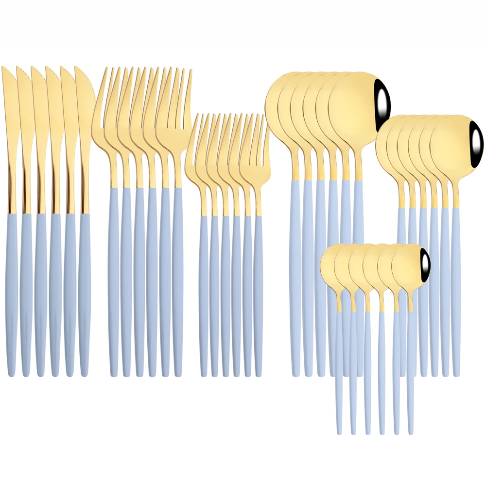 36Pcs Haze Blue Gold Cutlery Set Knife Dessert Fork Teaspoon Dinnerware Set Stainless Steel Tableware Western Kitchen Flatware
36Pcs Haze Blue Gold Cutlery Set Knife Dessert Fork Teaspoon Dinnerware Set Stainless Steel Tableware Western Kitchen Flatware