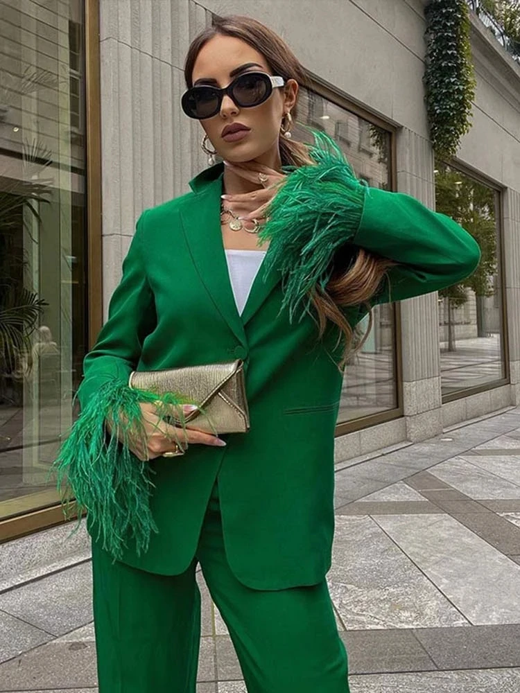 Women Elegant Blazer Coat Suit Female Feather Sleeves Blazers And High Waist Pant 2 Pieces Suit Office Lady Outerwear Outfit 
Women Elegant Blazer Coat Suit Female Feather Sleeves Blazers And High Waist Pant 2 Pieces Suit Office Lady Outerwear Outfit