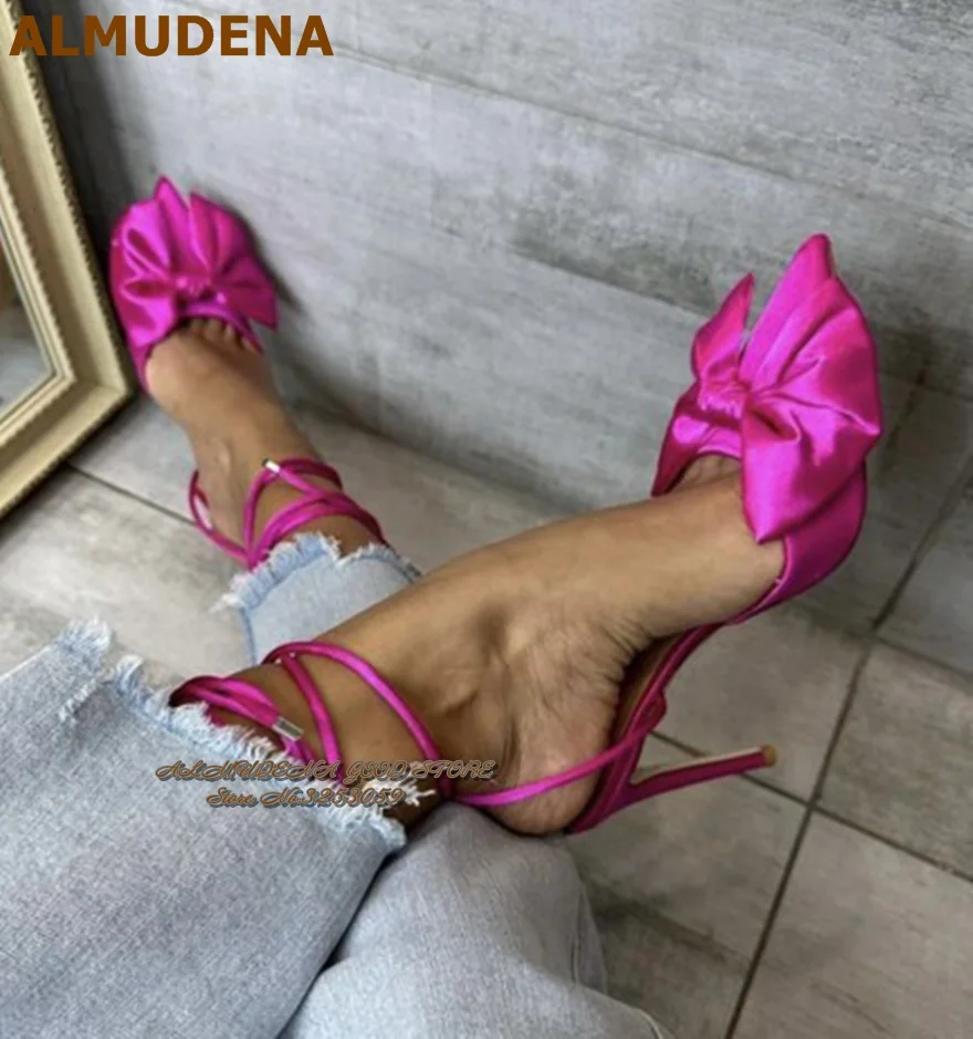 

ALMUDENA Hot Pink Champagne Satin Butterfly-Knot Wedding Shoes Silk Cloth Pointed Toe Big Bowtie Lace-Up Dress Pumps Dropship