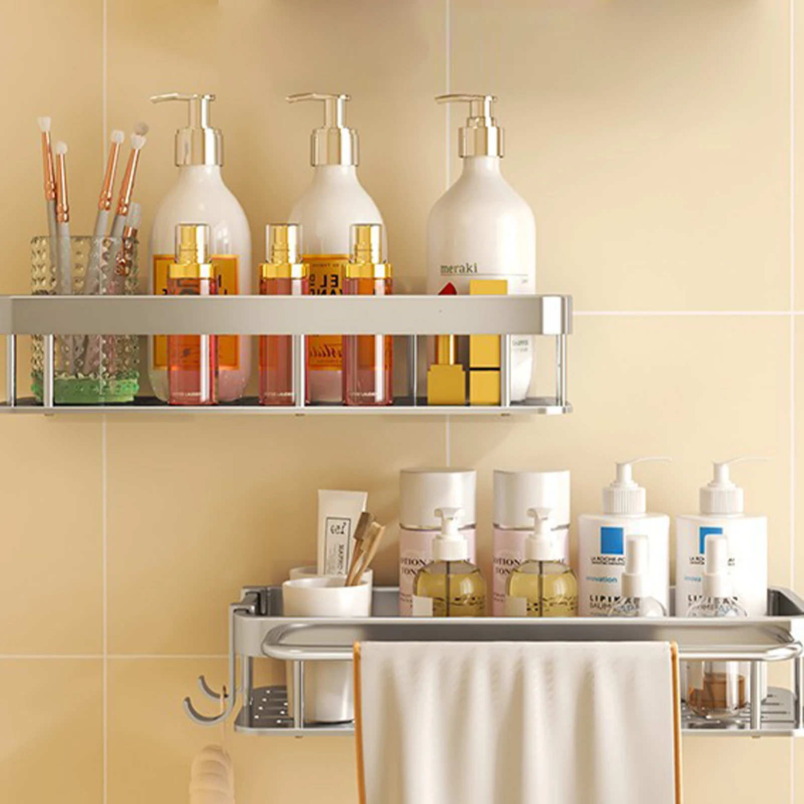 No Drilling Adhesive Wall Mounted Shelf, Kitchen Storage Holder with Hooks, Towel Bar for Shampoo, Bathroom Accessories
No Drilling Adhesive Wall Mounted Shelf, Kitchen Storage Holder with Hooks, Towel Bar for Shampoo, Bathroom Accessories