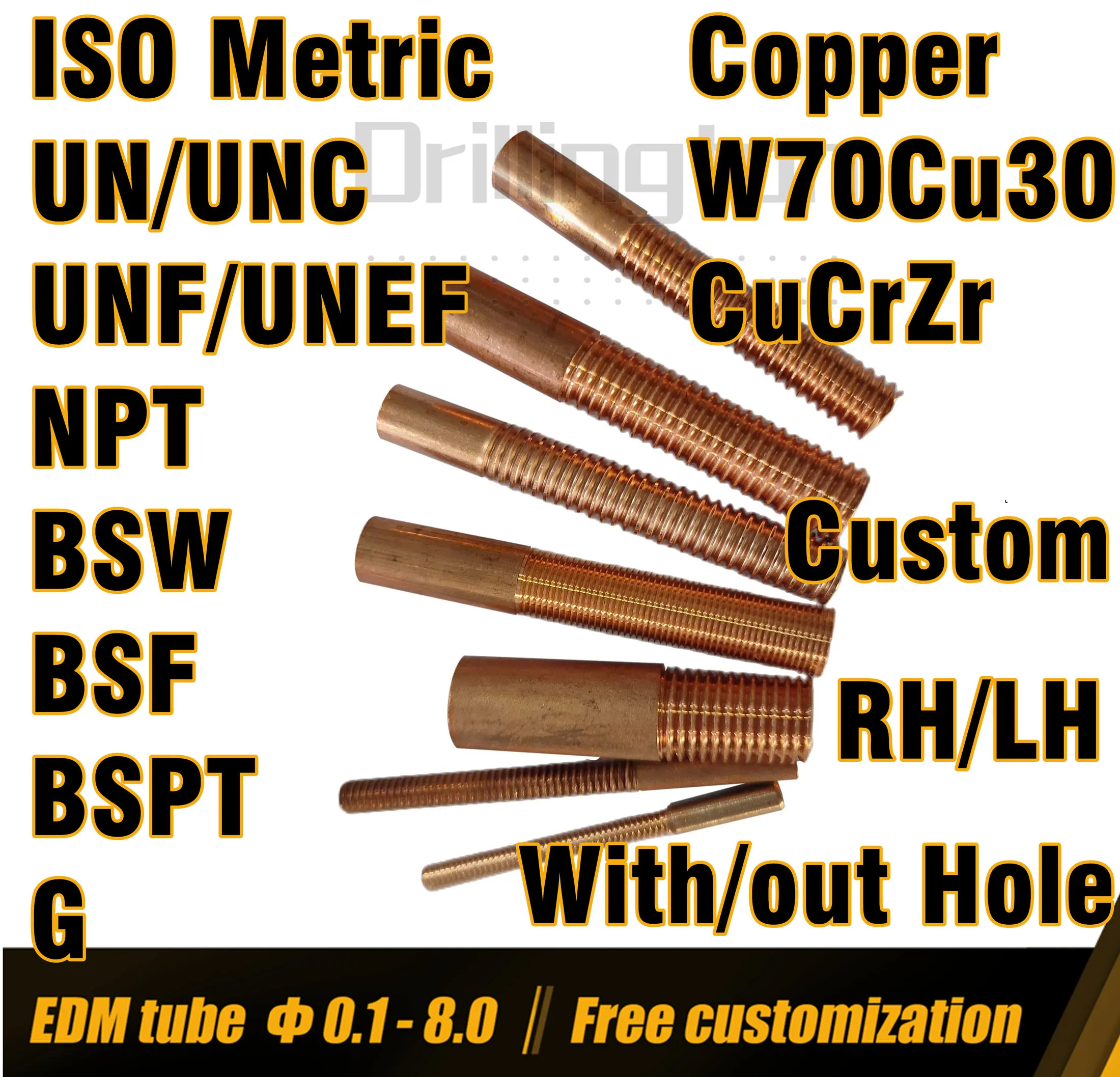 Custom EDM tapping Electrodes , Metric Inch , Fine Coarse Thread , Copper , W70Cu30 , Tungsten , CuCrZr , Thread Cutting
Custom EDM tapping Electrodes , Metric Inch , Fine Coarse Thread , Copper , W70Cu30 , Tungsten , CuCrZr , Thread Cutting