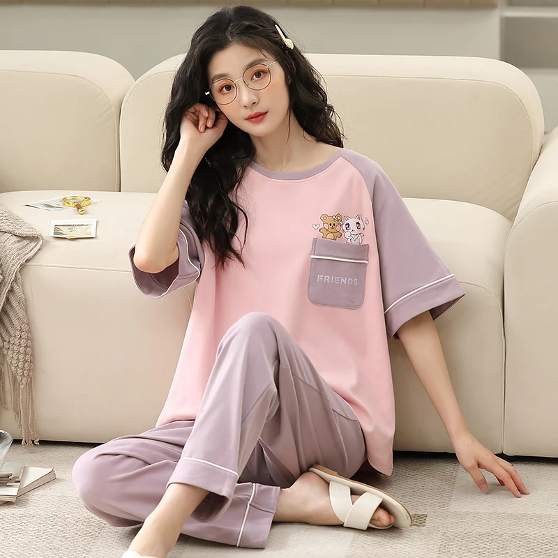Women's Cotton Pajamas and Trousers Set Korean Sleepwear Short Sleeve Pijama 2-Piece Suit Summer Home Clothes Loungewear 2023
Women's Cotton Pajamas and Trousers Set Korean Sleepwear Short Sleeve Pijama 2-Piece Suit Summer Home Clothes Loungewear 2023