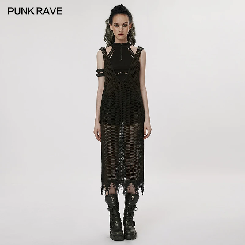 

PUNKRAVE Women Dress Hollow Out Dress Punk Large V-neck Geometric Raw Edges Hem Vest Sexy Dress