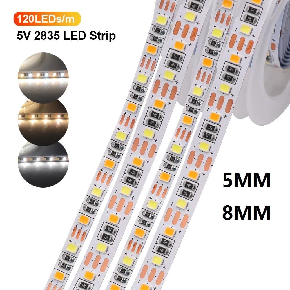 

5V 5MM 8MM FPCB CCT LED Strip Light 5M 120LEDs/M Color Temperature Adjustable 3000K-6500K 2835 SMD Flexible LED Tape Ribbon