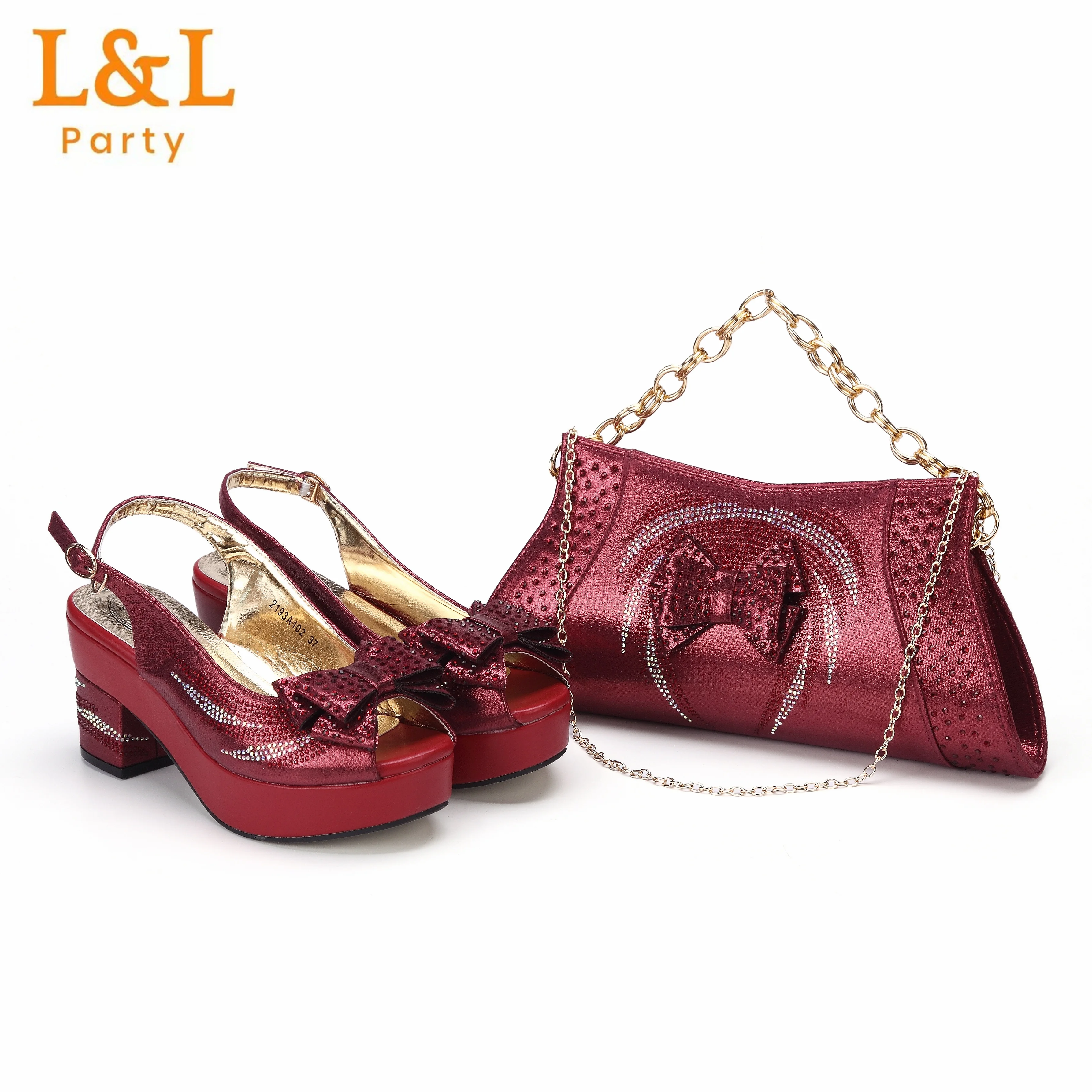 

High Quality Peep Toe Buckle Strap Wine Color Mature Ladies Shoes Matching Bag Set For Wedding Party Pump