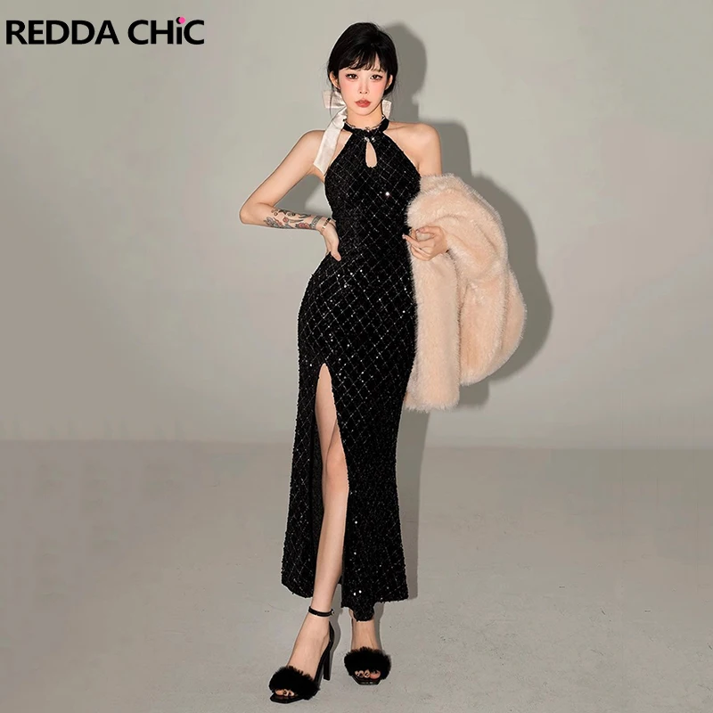 

ReddaChic Women's Sequin Evening Long Dress with Thigh Slit Retro Black Hollow-out Halter Cocktail Party One-piece Formal Dress