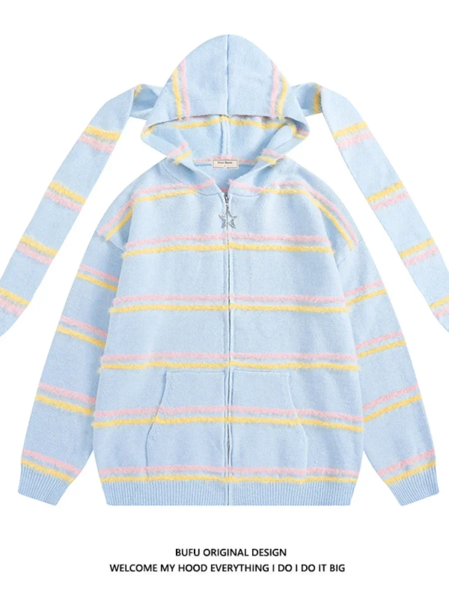 Lolita Sweet Cute Rabbit Ears Y2k Hot Girl Striped Hooded Cardigan Sweater Women Loose Casual Knitted Coat Autumn Winter Clothes
Lolita Sweet Cute Rabbit Ears Y2k Hot Girl Striped Hooded Cardigan Sweater Women Loose Casual Knitted Coat Autumn Winter Clothes