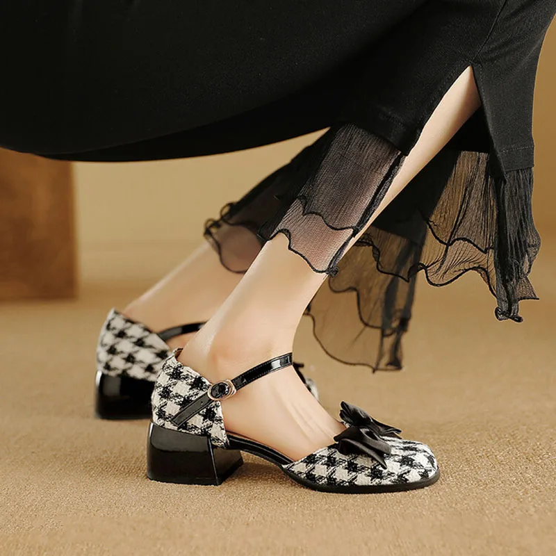 

Phoentin Swallow Gird Mary Janes Lolita Tweed Fabric Medium Heels With Bow Knot Plus Size Pumps For Women 2024 FT3347
