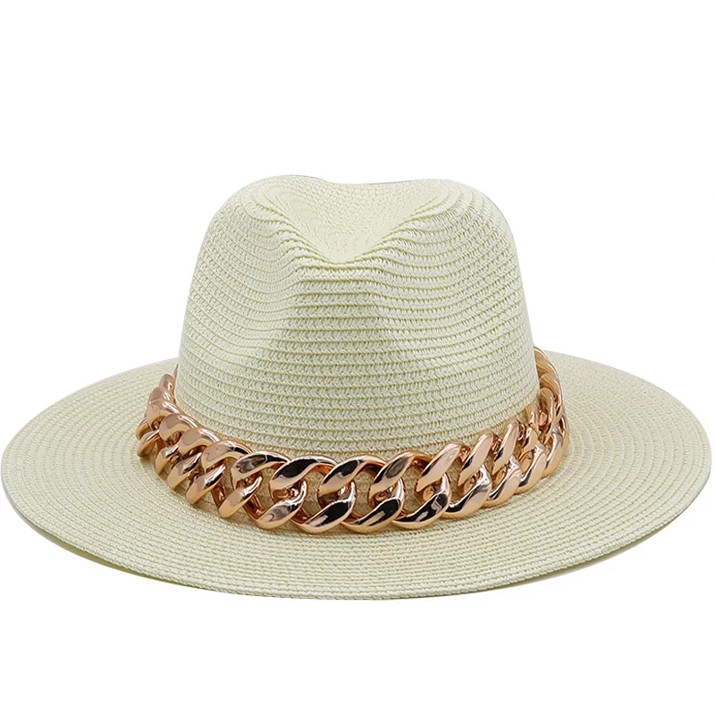 

New Golden chain Panama Hat Summer Sun Hats for Women Man Beach Straw Hat for Men UV Protection Jazz Fedora chapeau femme56-60CM