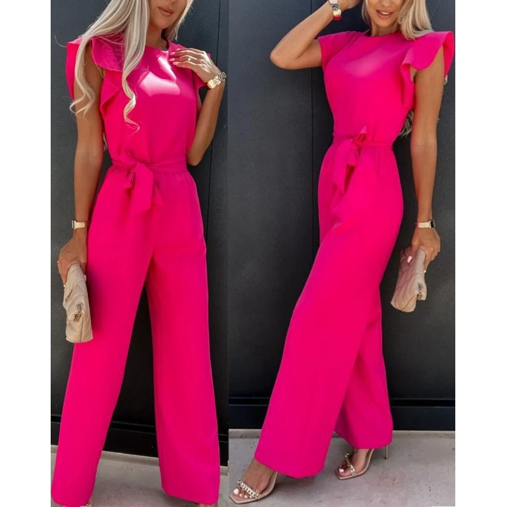 

Women Ruffle Hem Straight Leg Sleeveless Jumpsuits Overalls for Women Office Lady One-Piece Outfits O Neck Solid Belted Jumpsuit