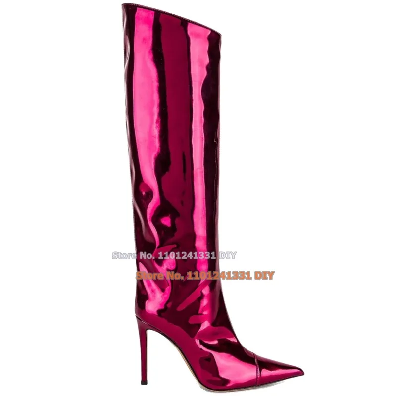 

Iconic Style Glossy Blue Patent Leather Pointed Toes Knee High Boots Women Thin Heels Stiletto Autumn Winter Long Zipper Bota