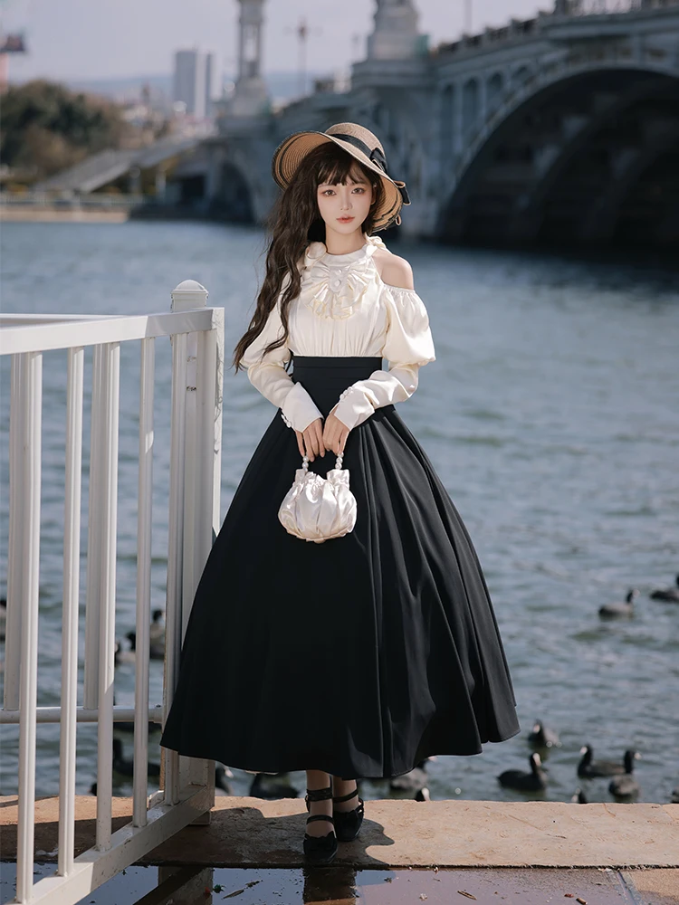 

Roman Holiday Op With Puji Original Design Fake Two Piece Long Sleeved Large Hem Dress Spring Lolita Elegant Romantic Dress