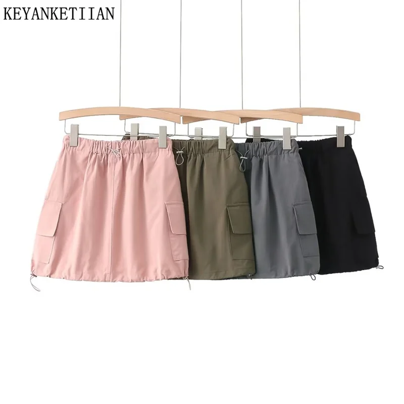 

KEYANKETIAN 2024 New Launch Drawstring Lace Up Pockets Cargo style skirt Women's Elastic Waist Slim A Line Mini Skort Spicy Girl