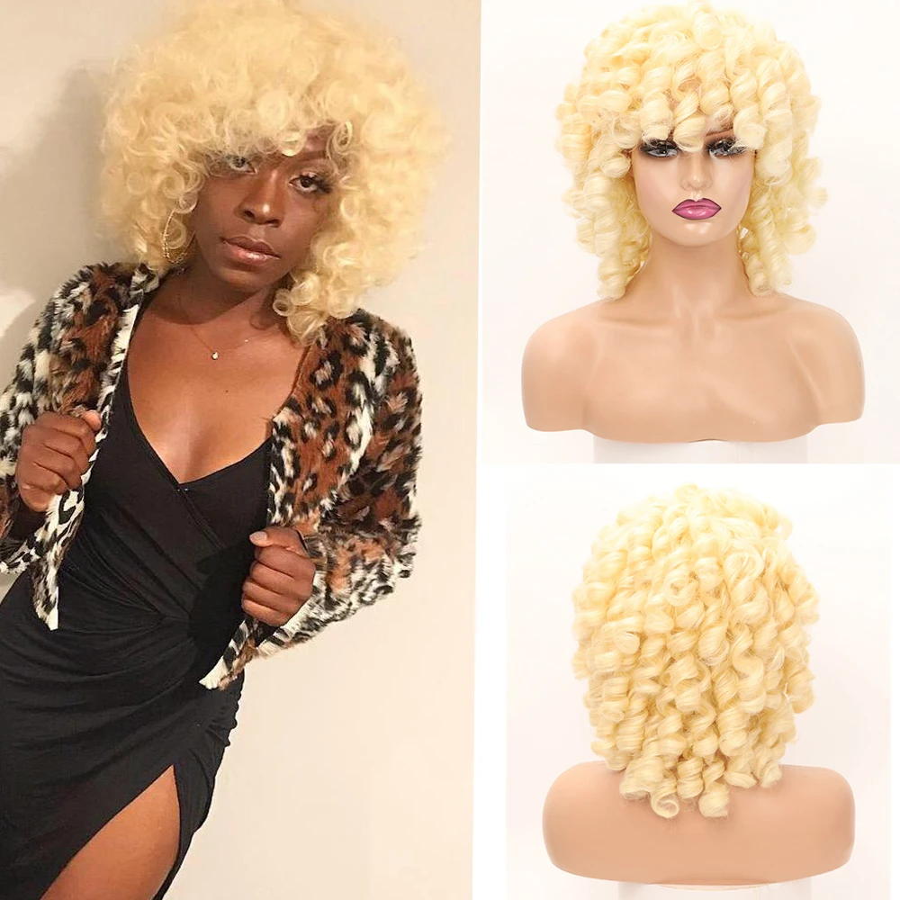 

Short Curly Bob Wig Honey Blonde 613 Afro Curly Synthetic Wig with Bangs Bouncy Curly Hair Wig for Women Natural Cosplay Party