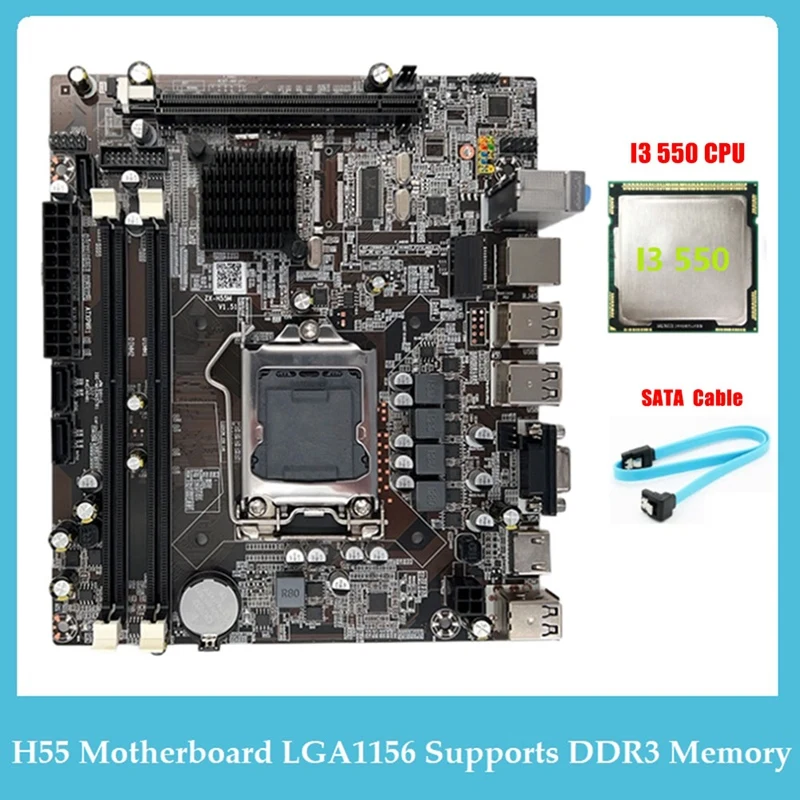 

H55 Motherboard LGA1156 Supports I3 530 I5 760 Series CPU DDR3 Memory Computer Motherboard+I3 550 CPU+SATA Cable