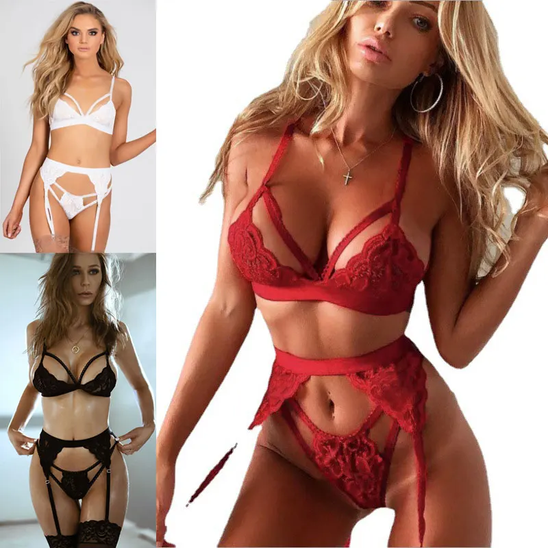 

Women Lingerie Sets 3 Piece Lace Teddy Babydoll Bodysuit V-neck Bra G-string Garter Suit Sexy Underwear Bra & Briefs Set