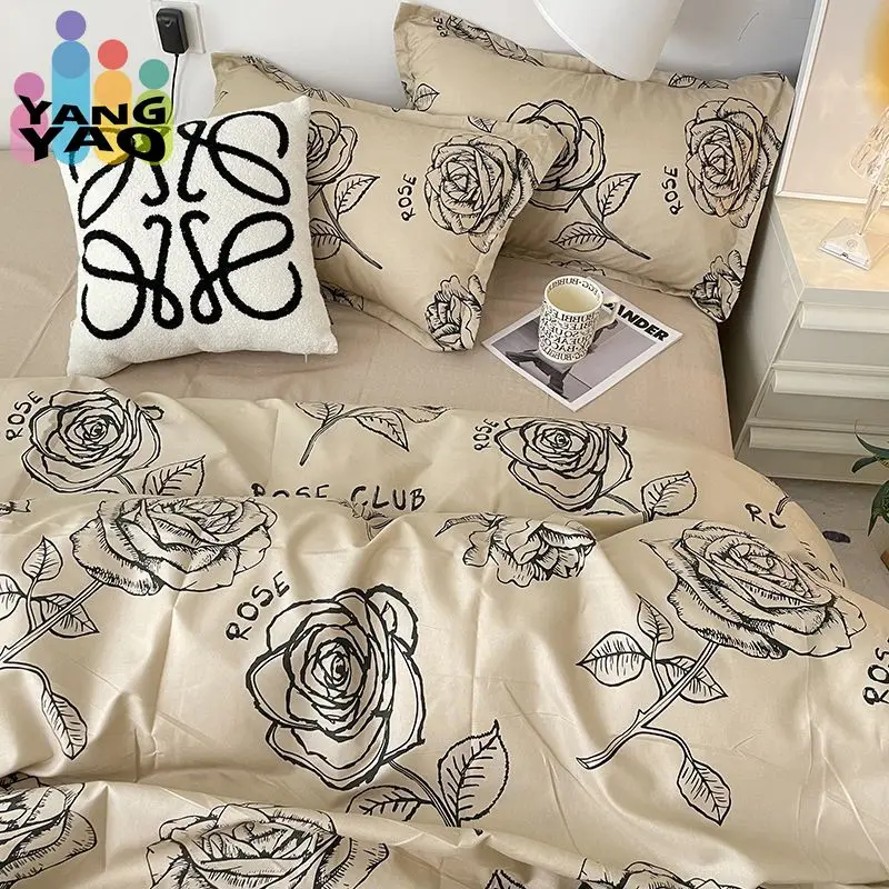 

Ins Simple Rose Bedding Set Twin Full Queen Size Bed Linen Girls Women Floral Bed Flat Sheet Pillowcase Kawaii Duvet Cover Set