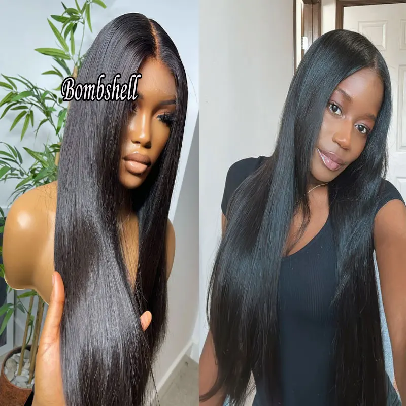 

Bombshell Jet Black Straight Synthetic Lace Front Wig Glueless Natural Hairline Heat Resistant Fiber Middle Parting For Women
