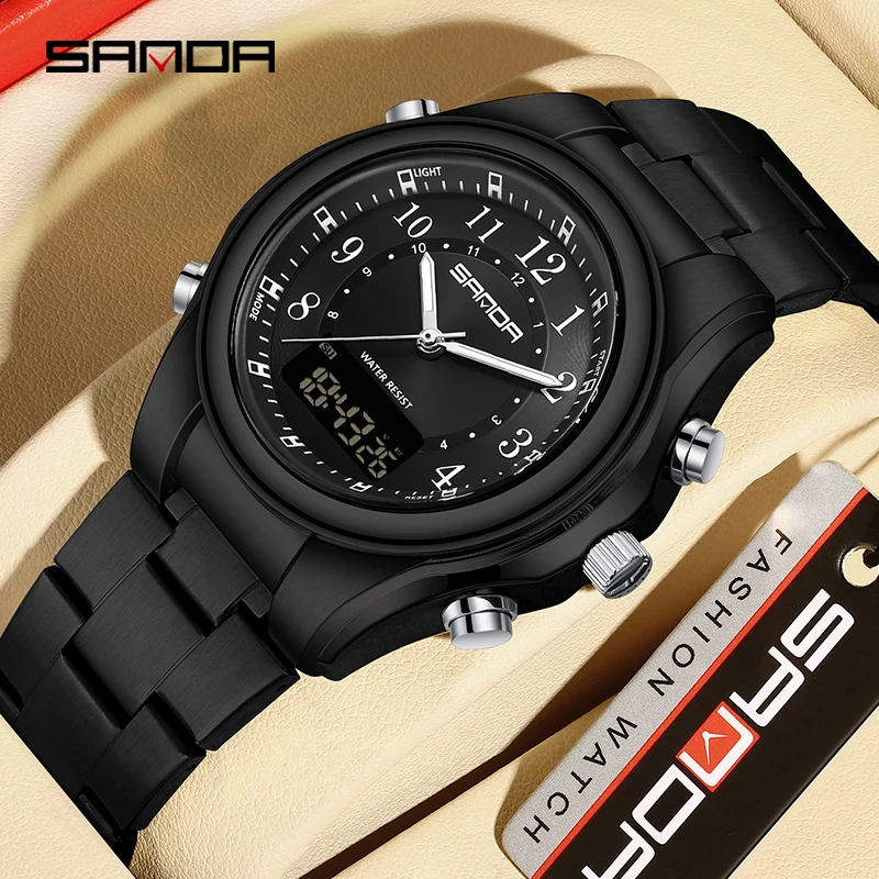

Sanda 3176 Steel Band Electronic Quartz Watch Multi functional Night Light Waterproof Alarm Clock Fashion Trend Watch