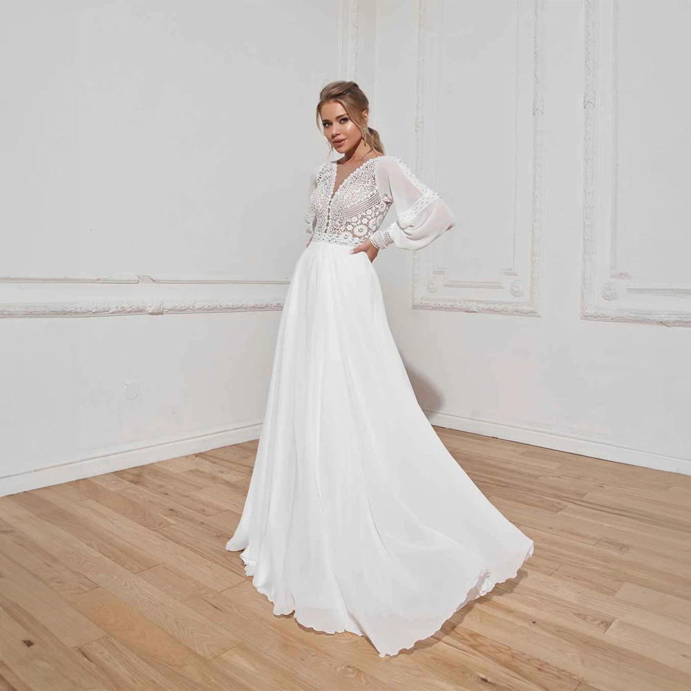 

Elegant V-neck Appliques Lace Chiffon Pearls Long Sleeve Wedding Dress for Women A-line Court Wedding Bridal Gown robe de mariée