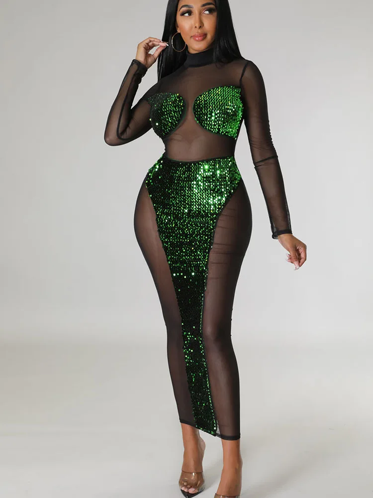 

Соблазнительное Сетчатое прозрачное длинное платье в стиле пэчворк с блестками, женское вечернее праздничное Клубное платье 2023, облегающее Макси-платье с длинным рукавом
