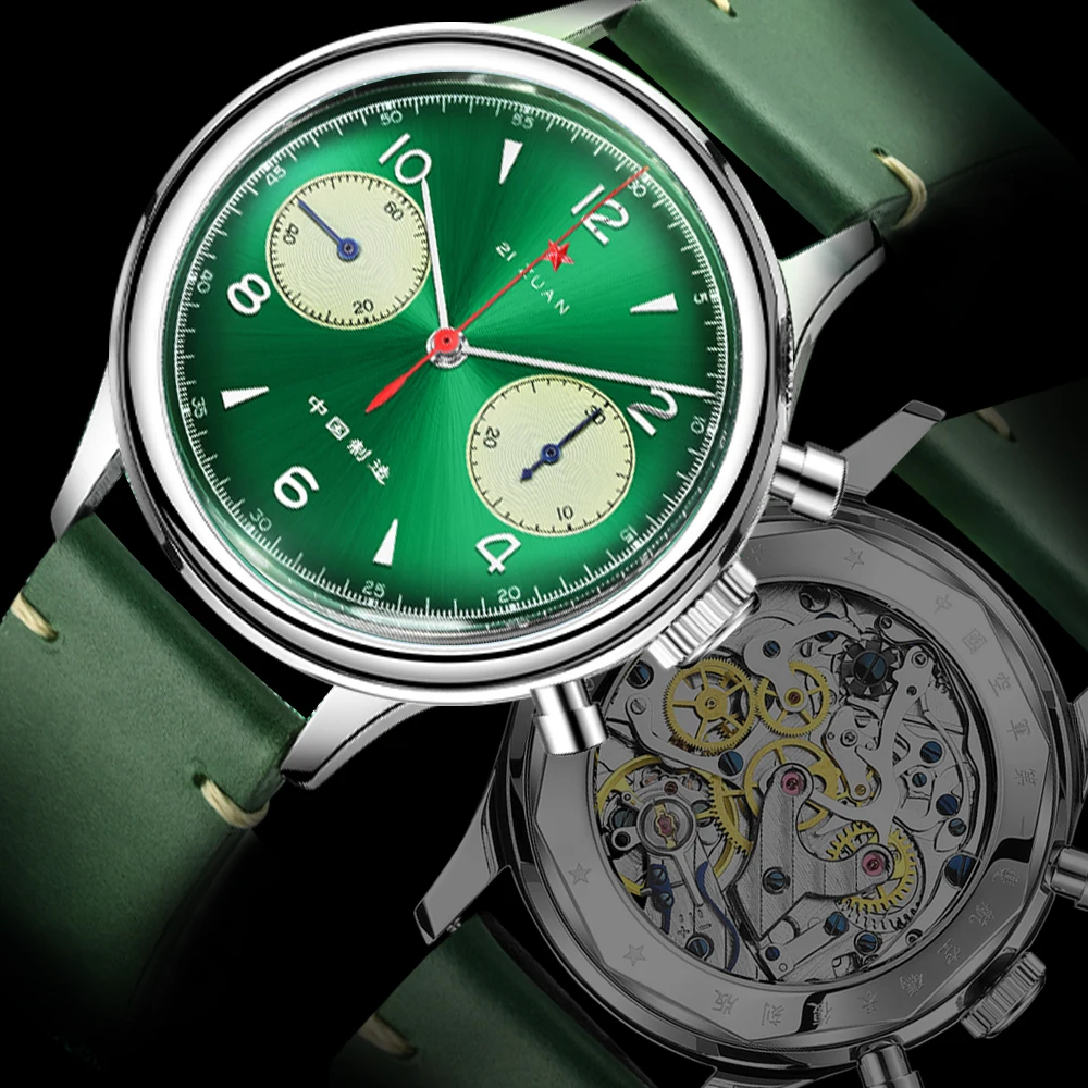 

Fashion Men's 38mm Green 1963 Chronograph with Seagull ST19 Movement Manual Winding Mechanical Wristwatch Gooseneck Sapphire