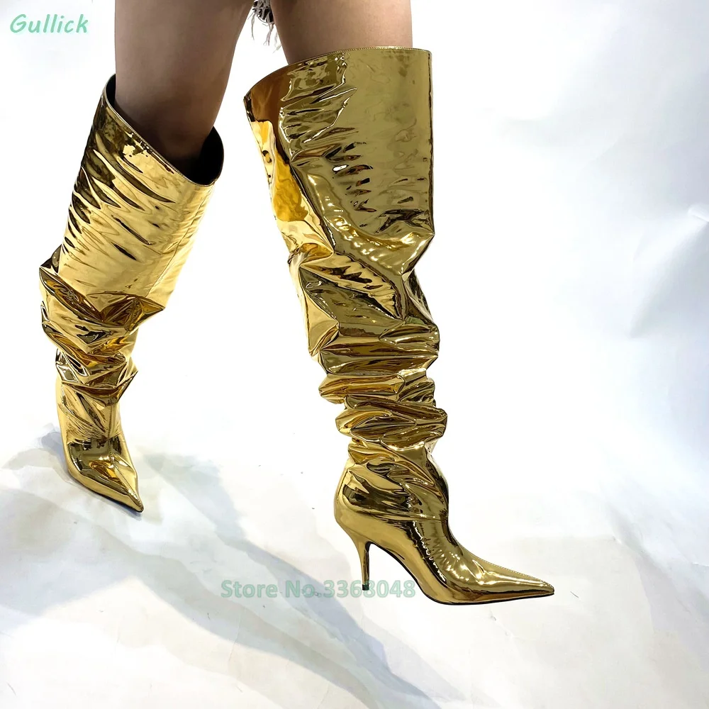 

Gold Pleated Slip On Slouchy Boots Silver Stiletto Thin High Heel Over The Knee Fashion 2023 Winter Autumn Runway Boots