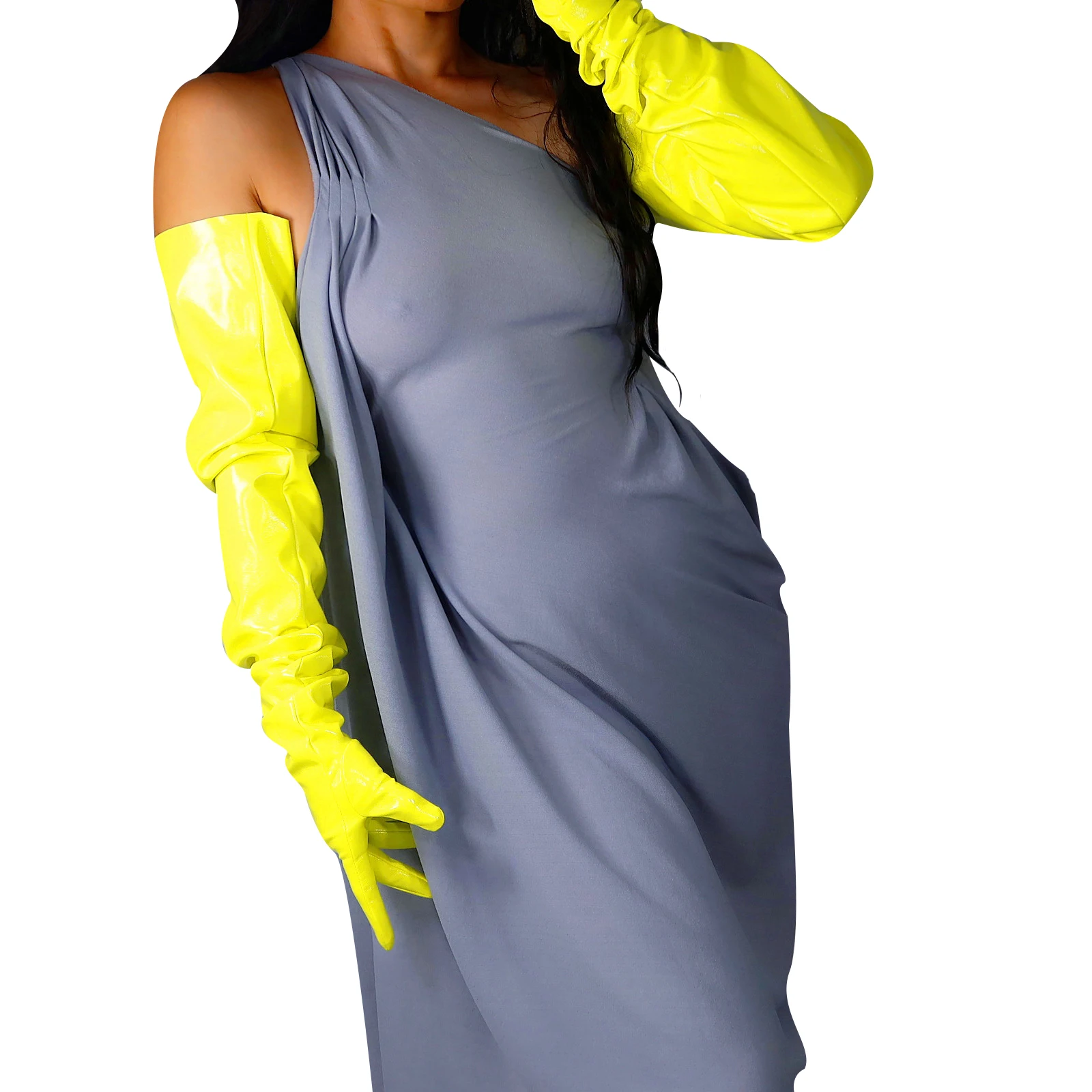 

DooWay Long LATEX GLOVES Shine Wet Look Loose Fit Lime Fluorescent Yellow Faux Patent Leather Fashion Show Evening Cosplay Glove