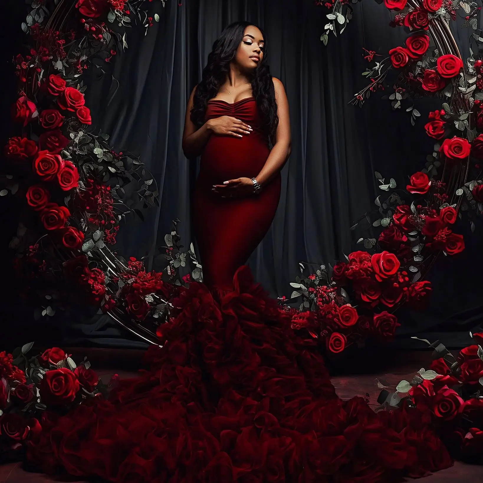 Темно-красное платье-Русалка для выпускного вечера, женское платье без рукавов с вырезом сердечком для беременных, халаты для беременных с оборками для фотосессии
Темно-красное платье-Русалка для выпускного вечера, женское платье без рукавов с вырезом сердечком для беременных, халаты для беременных с оборками для фотосессии