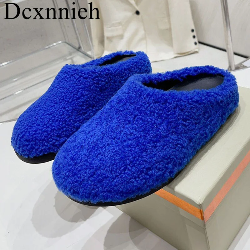 

Winter Closed Toe Fur Half Slippers Women Flat Thick Sole Solid Color Crimp Wool Slippers Outdoor Vacation Shoes Lazyman Mules