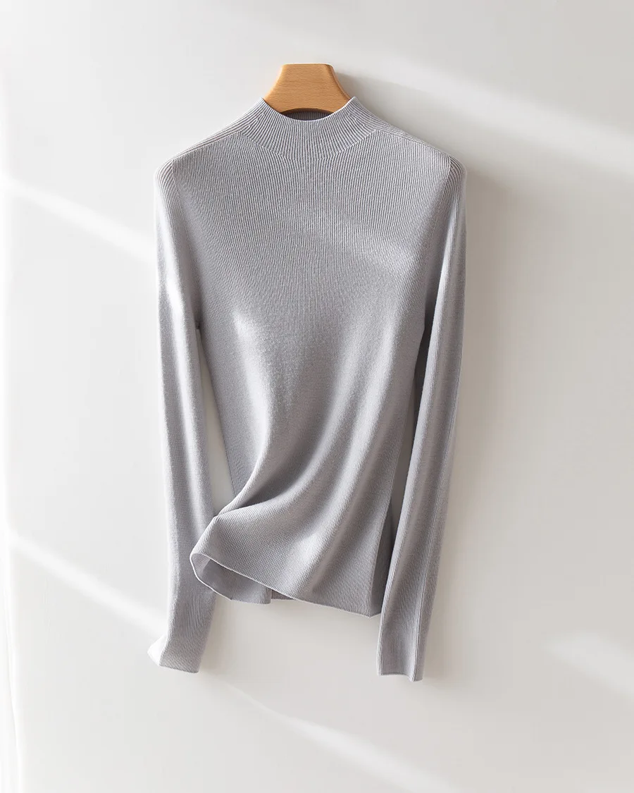 

Birdtree 100%Wool Seamless Half High Neck Knitted Bottom Shirt For Women Autumn Winter Warm Versatile Commuting Sweater P3N662QC