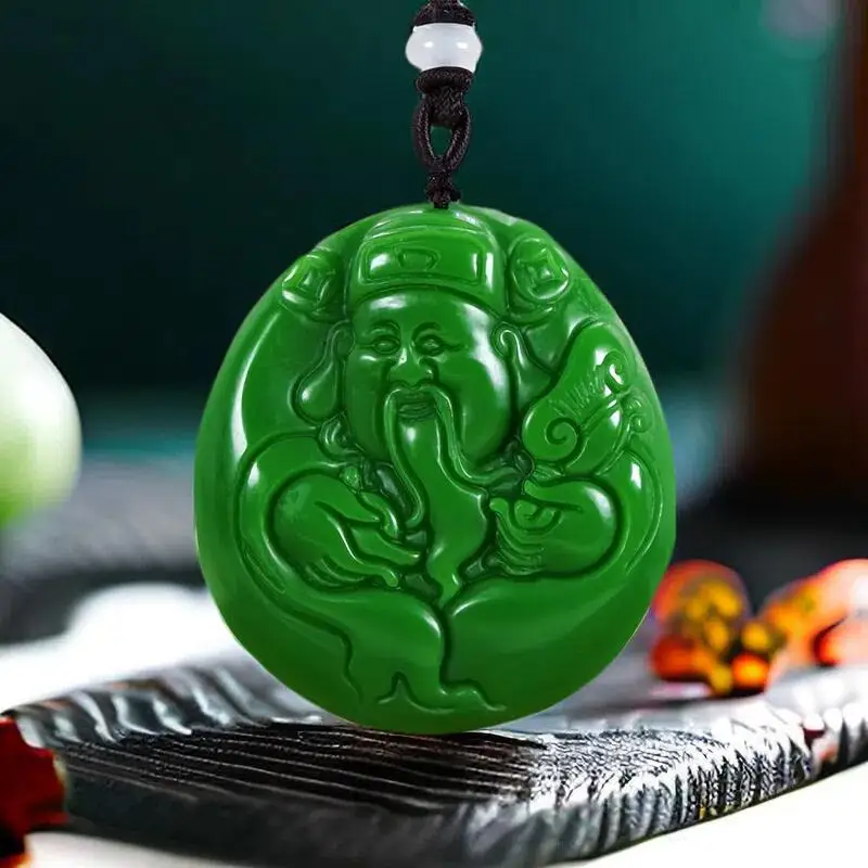 

Green Real Jade God of Wealth Pendant Necklace Talismans Natural Jasper Luxury Fashion Designer Carved Jewelry Gemstone Vintage