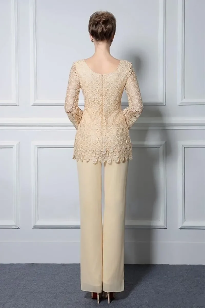 

Light Yellow Lace Pants Suits For Mother Of The Bride Cheap Formal Groom Dresses Jewel Neckline Chiffon Wedding Guest Dresses
