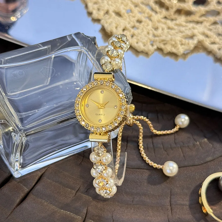 Double-Row Pearl Diamond-Encrusted Pull Rope Bracelet Women's Quartz Watch Romantic SweetStyle Fashion Luxury Niche Wristwatch Double-Row Pearl Diamond-Encrusted Pull Rope Bracelet Women's Quartz Watch Romantic SweetStyle Fashion Luxury Niche Wristwatch