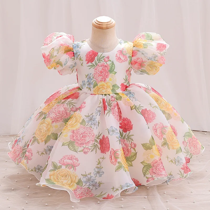 

2024 new girls dress New Rose Flowers for small children sweet princess dress flower girl puffy gauze bubble sleeve skirt