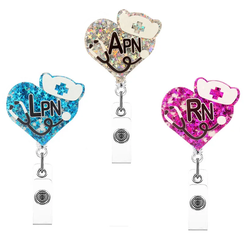 

Glitter Acrylic "LPN APN RN" Nurse Doctor Badge Reel Retractable ID Badge Holder With 360 Rotating Alligator Clip Name Holder