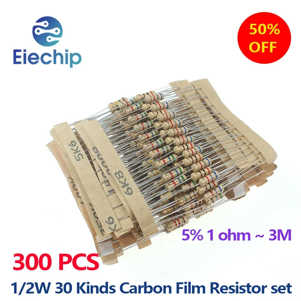 300PCS/Lot 1/2W 30 Kinds Carbon Film Resistor set, 0.5W Resistance 5% 1 ohm ~ 3M Color Ring Resistance Assortment kit
300PCS/Lot 1/2W 30 Kinds Carbon Film Resistor set, 0.5W Resistance 5% 1 ohm ~ 3M Color Ring Resistance Assortment kit
