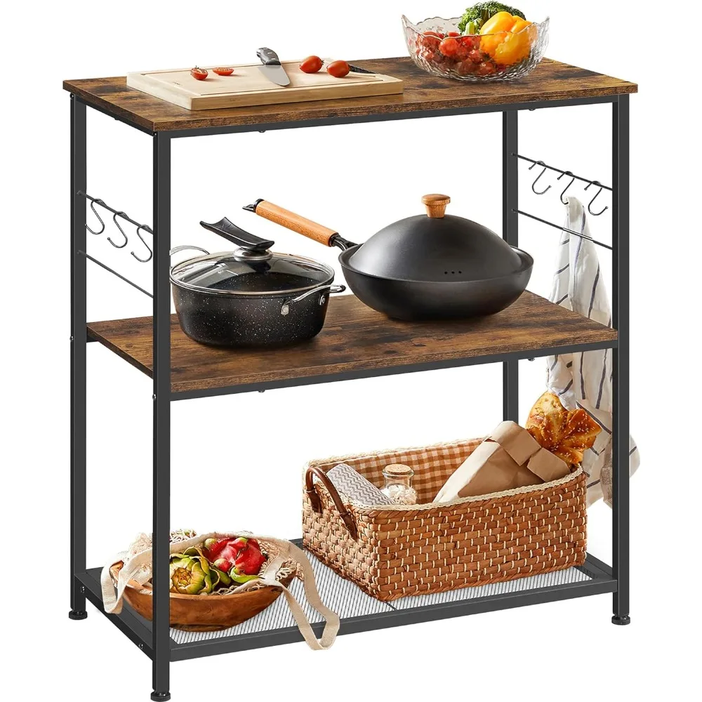 

VASAGLE Baker s Rack, Kitchen Shelf, Kitchen Island, Microwave Oven Stand with 3 Open Shelves, 6 Hooks, Metal Frame