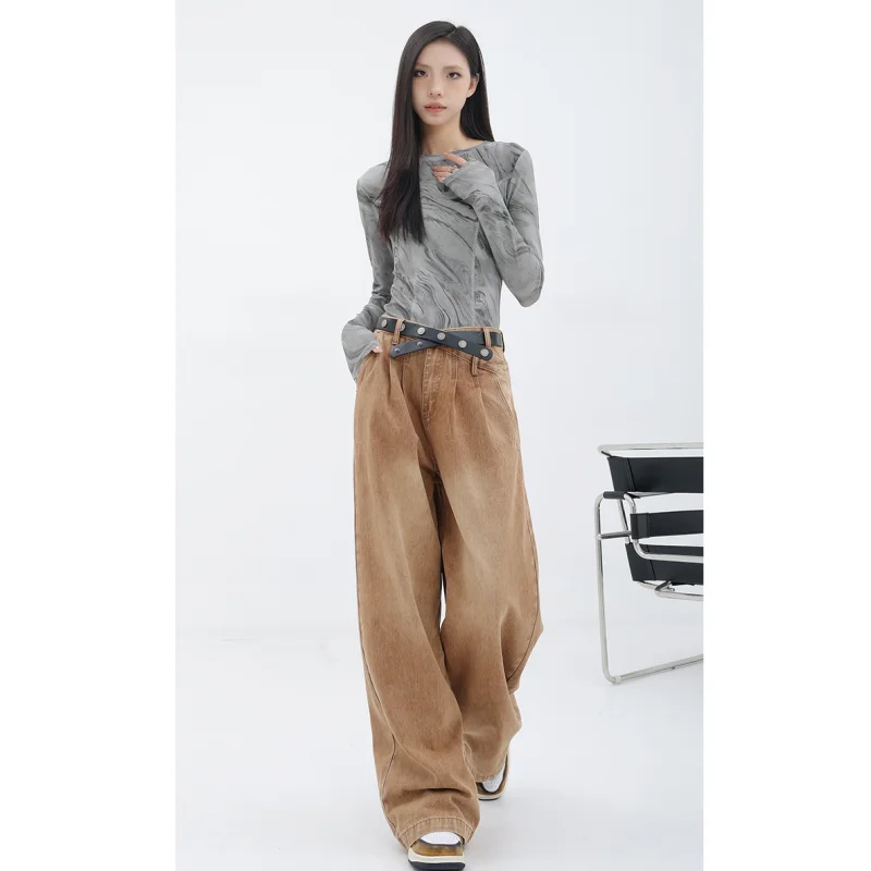 

Women Brown Jeans Fashion Trousers Gradient Vintage High Waist Wide Leg Y2K Europe and America Baggy Summer Straight Denim Pants
