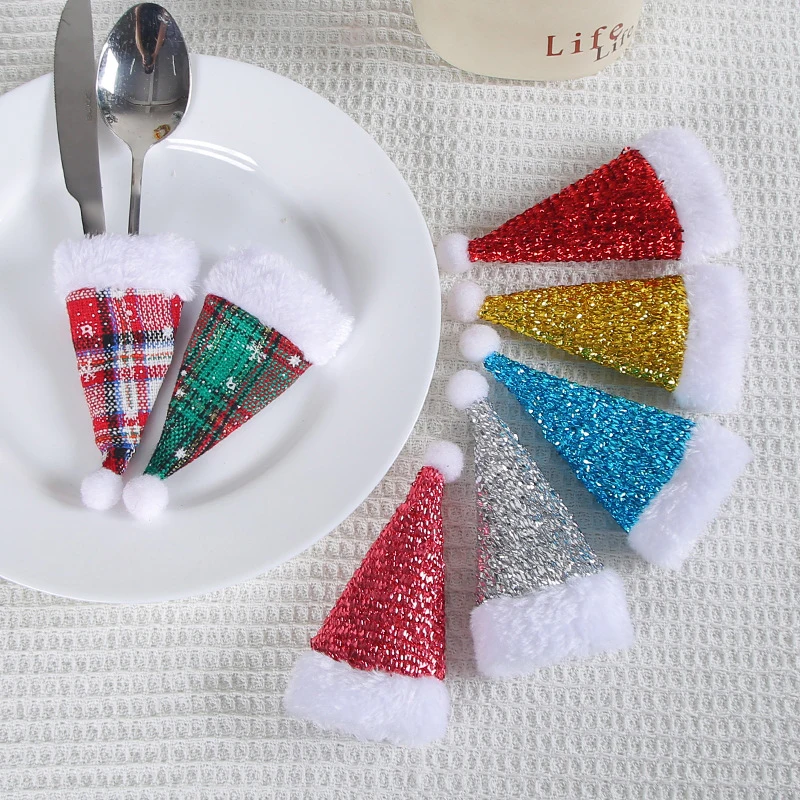 

Mini Santa Claus Hat Christmas Winebottle Bag Cutlery Organiser Bag Cutters Forks Covers Bag Christmas Ornaments Santa Hat
