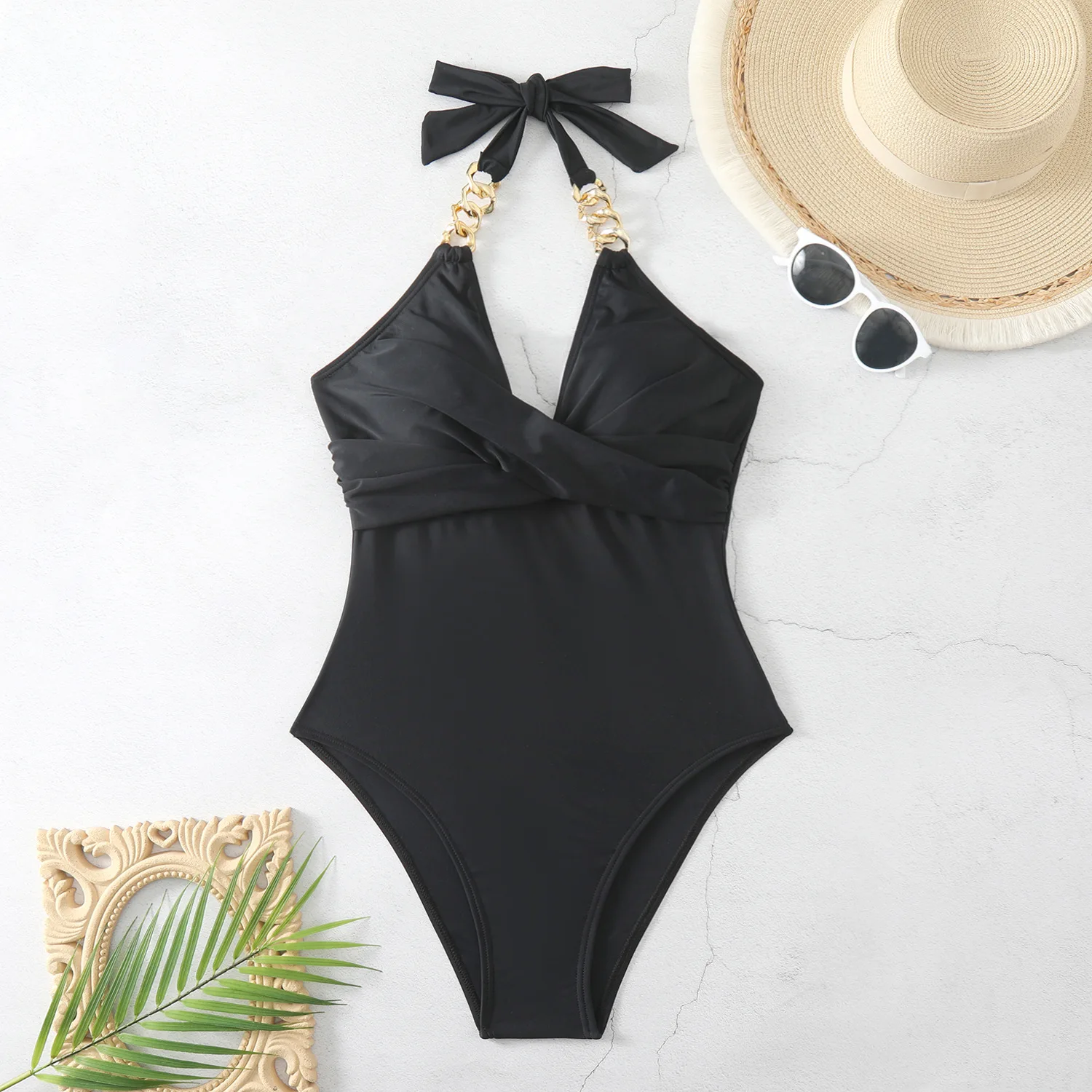 

Sexy Push Up Women's One Piece Swimsuits Black Swimwear Chain Linked Bodysuit Tummy Control Bathing Suits Beachwear Monokini