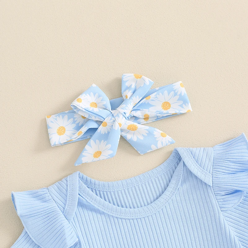 

Baby Girl Summer Outfit Solid Ribbed Short Sleeve Romper Top Floral Suspender Skirt Set Cute Newborn Summer Clothes